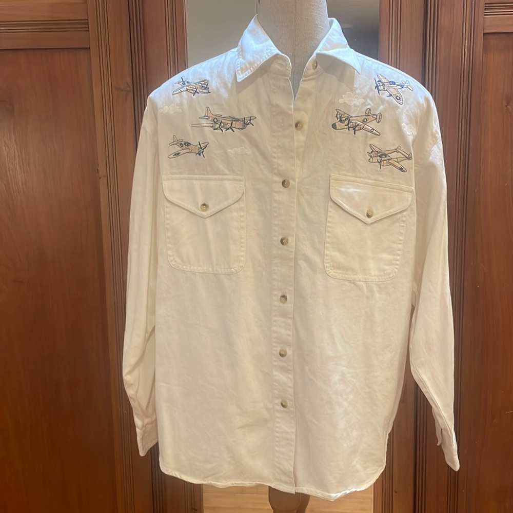 Vintage Andrew’s Blues button down shirt
pilot aviator airplane jets embroidered